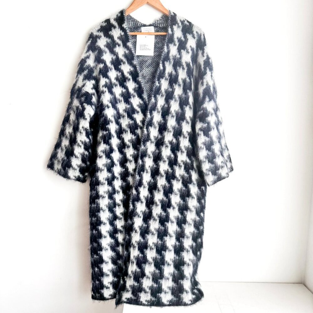 Dimensione Maglia Houndstooth Plaid Grey Navy Blue Mohair Blend Cardigan OS - Picture 2 of 8